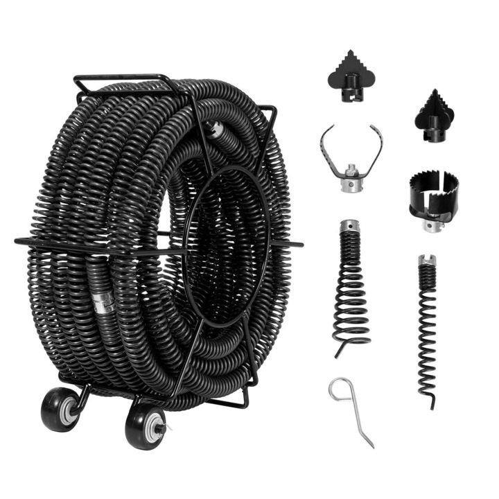 Аксесоар за почистване на канали, за тръби с диаметър 50-200 мм, дължина 18 м, 6 пробиващи глави, барабан с 2 колела