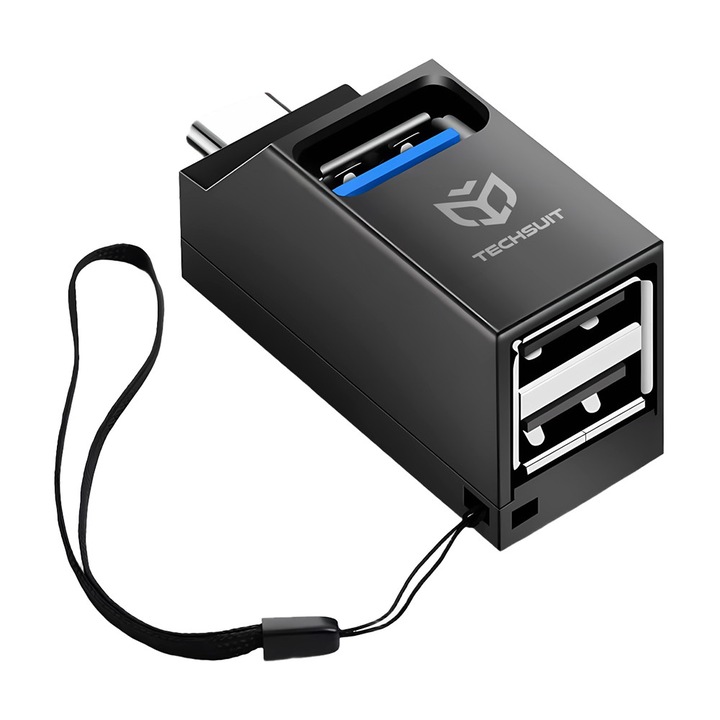 Mini Hub Type-C - 2x USB 2.0, 1x USB 3.0 - Techsuit EchoLink 3 az 1-ben (H10) - Fekete