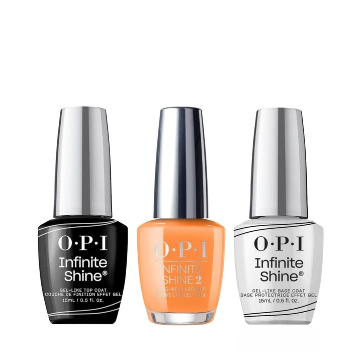 Set pentru manichiura, OPI Infinite Shine, Base Coat 15ml + Lac de unghii No Tan Lines 15ml + Top Coat 15ml