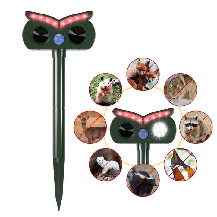 Aparat cu ultrasunete INTEXXA®, Impotriva Rozatoarelor, Anti animale salbatice, Caini, Pisici, Insecte, Acumulator cu Incarcare solara, Senzor miscare, Led-uri stroboscopice, Rezistent la apa IPX4, verde