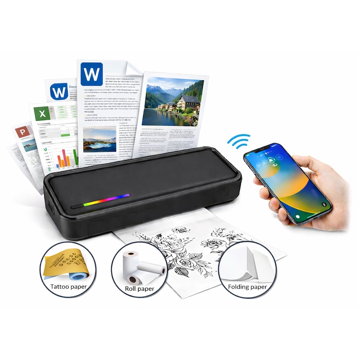 Imprimanta termica multifunctionala DAMAIU, fara tus, imprimare foaie transfer tatuaj, printare documente A4, Portabila, Bluetooth, compatibil cu iOS/Android, APP, Windows/MAC, negru