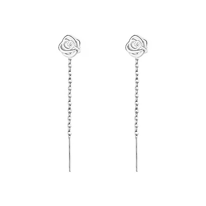 Cercei​​ din argint 999 lungi, cu trandafir, pentru dama, 4.5 cm, argintiu