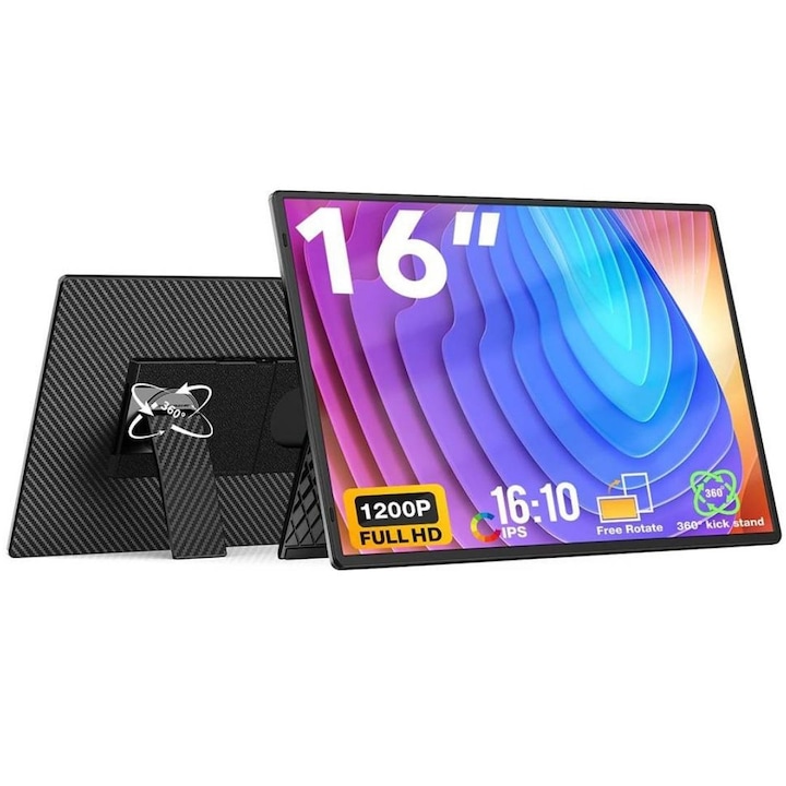 Преносим монитор за лаптоп Sim Online®, 16 инча FHD 1200P, Ултратънък, Plug & Play, Съвместим с компютър, Конзола, Windows, Mac, Телефон, 16:10 дисплей, 360° поддръжка, Вертикален, Хоризонтален режим, Високоговорител, USB-C и HDMI, С калъф, Черен