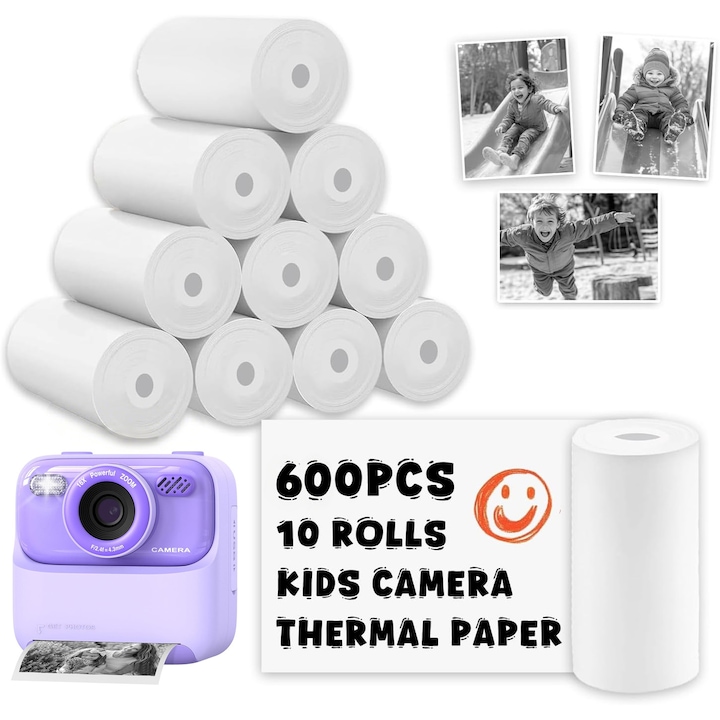 Комплект от 10 ролки термохартия, SHIJOOE, за фотоапарати с моментален печат за деца, универсално съвместими, нетоксичен материал на ролката, 5.6 x 2.5 см, бял