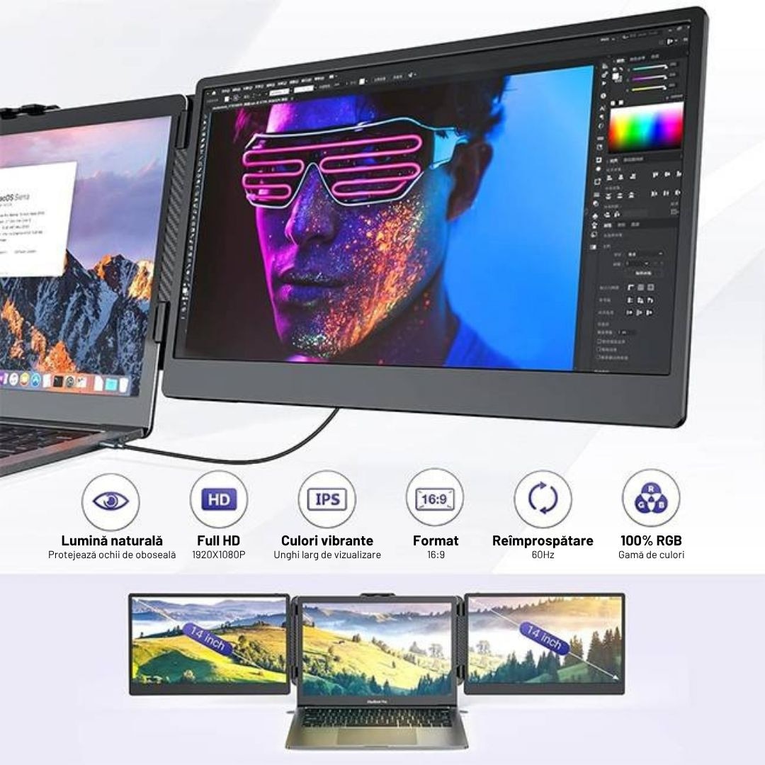 Monitor Extensibil si Portabil pentru Laptop, 14inch FHD 1080P, Ultra ...