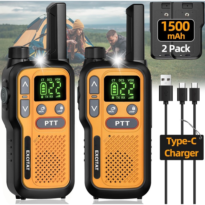 Statie radio portabila emisie receptie Set, EXCITAT®, Walkie Talkie, Operare hands-free (VOX), Keypad Lock, Reincarcabila Baterie 1500 MAH, programate in 16 canale PMR, lanterna, Portocaliu