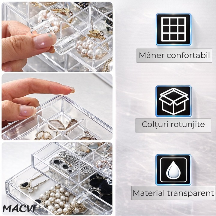 Cutie bijuterii Macvi® transparenta, multistrat, 3 sertare, 72 compartimente, capacitate mare, 24×13, 5×11 cm