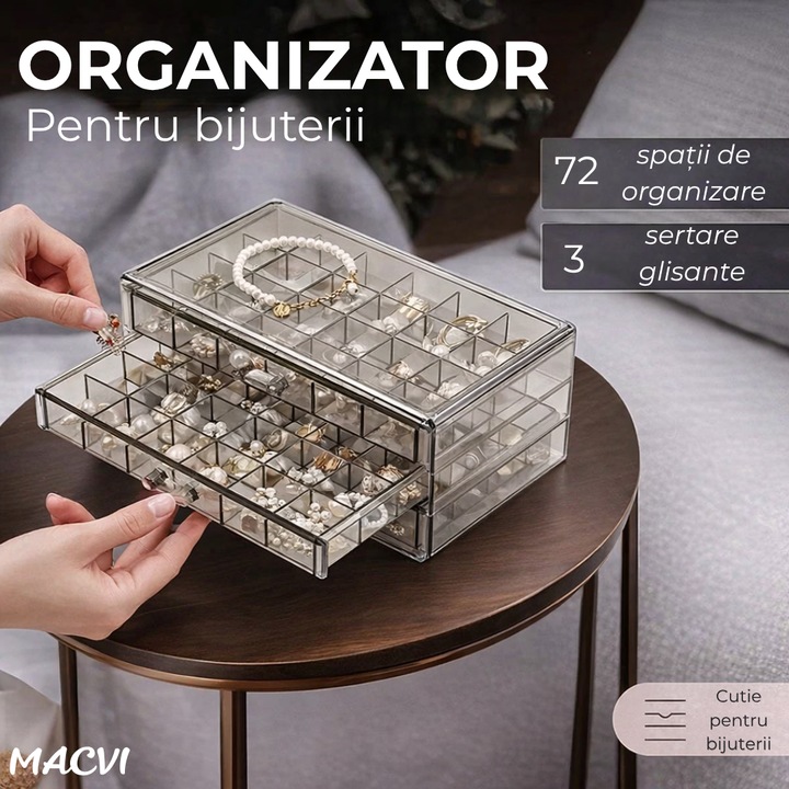 Cutie bijuterii Macvi® transparenta, multistrat, 3 sertare, 72 compartimente, capacitate mare, 24×13, 5×11 cm