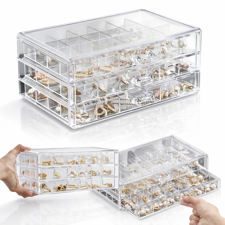 Cutie bijuterii Macvi® transparenta pentru pastrarea in siguranta si organizarea accesoriilor, multistrat, 3 sertare, 72 compartimente, capacitate mare, 24×13,5×11 cm