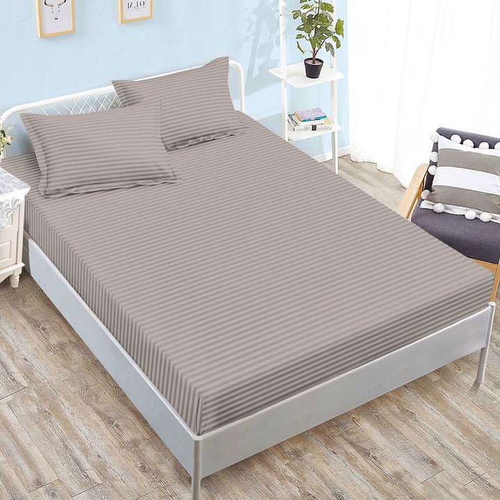 Комплект калъфки за легло от полипамук дамаск + 2 калъфки за възглавници за матрак 160x200 или 180x200 см, светлокафяв