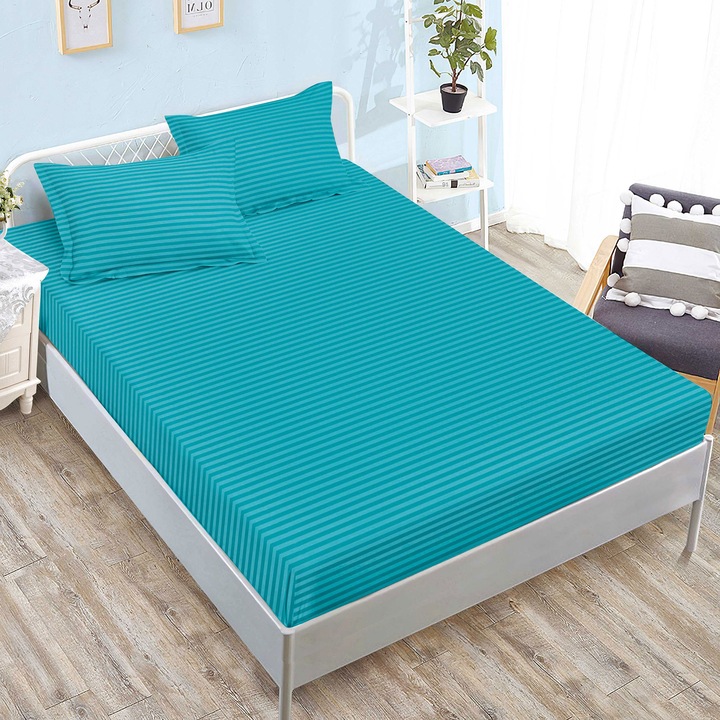 Универсален комплект покривала за легло TextiLici, 160 x 200 см и 180 x 200 см с 2 калъфки за възглавници 50 x 70, полипамук дамаск, тюркоаз