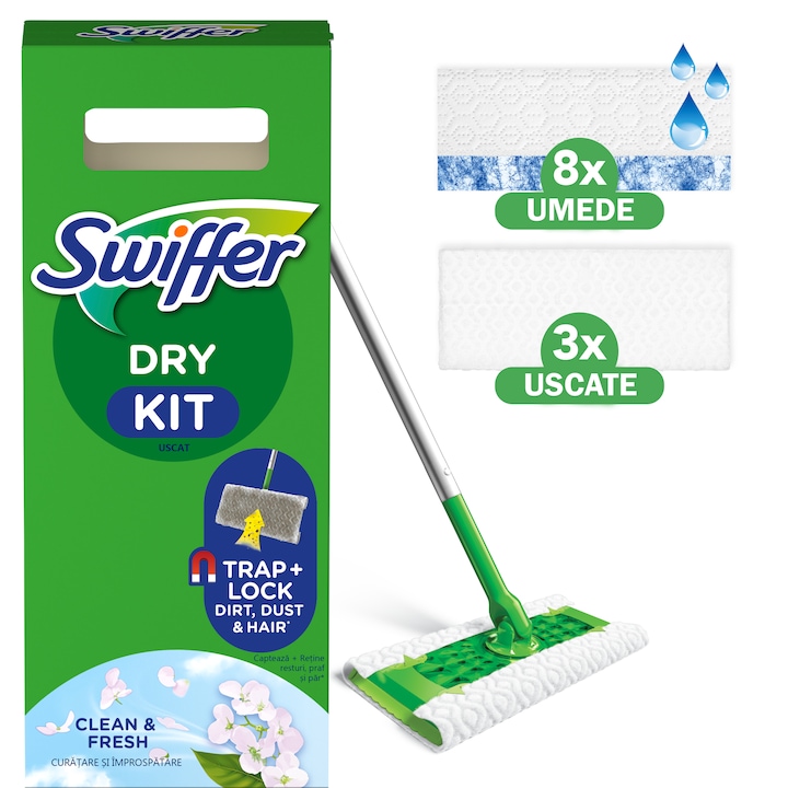 Комплект за сухо/мокро почистване Swiffer Trap & Lock, 1 моп, 8 сухи резервни кърпи + 3 мокри резервни кърпи