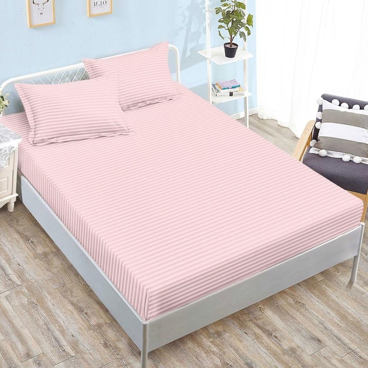 Set husa de pat cu elastic si 2 fete de perna, damasc policoton, 180x200cm, Lenjerii Deosebite, Roz pastel