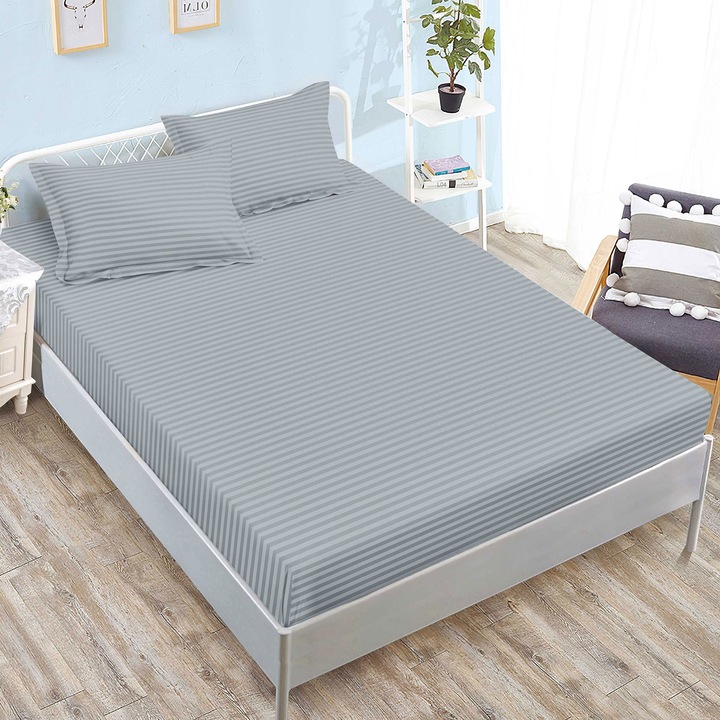 Set husa/cearceaf de pat cu elastic Damasc Policoton NufJoy®, universal pentru saltea 160x200 cm sau 180x200 cm si 2 fete perna 50x70 cm Gri Deschis