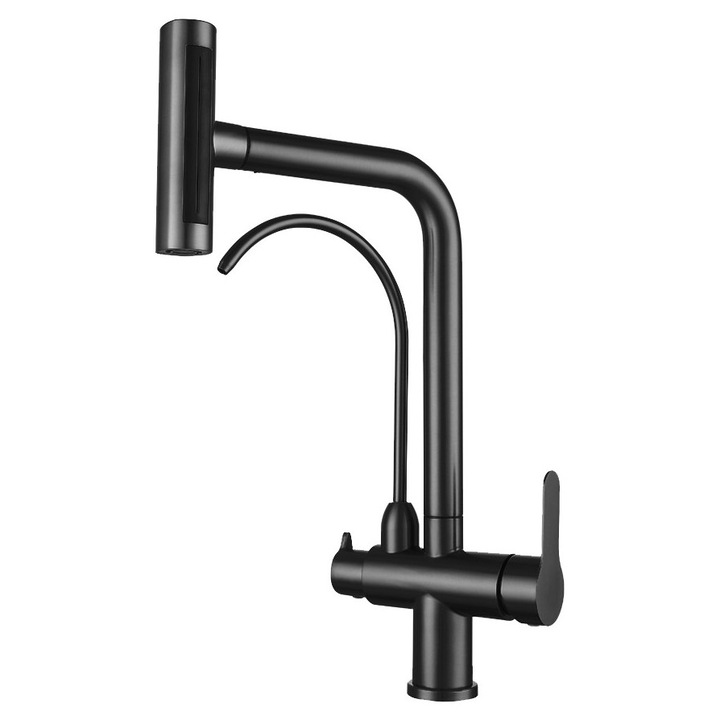 Konyhai csaptelep víztisztító rendszerhez szűrővel, 3 az 1-ben ivóvíz csaptelep, kihúzható kereskedelmi konyhai mosogató csaptelepek, matt fekete (víztisztító berendezés nélkül), pultra szerelhető forgatható konyhai csaptelep.