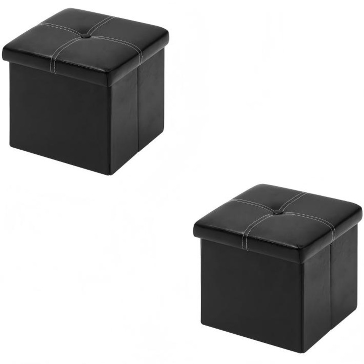 Set 2 scaune de stocare pliabile din piele ecologica, 30x30x30cm, negru