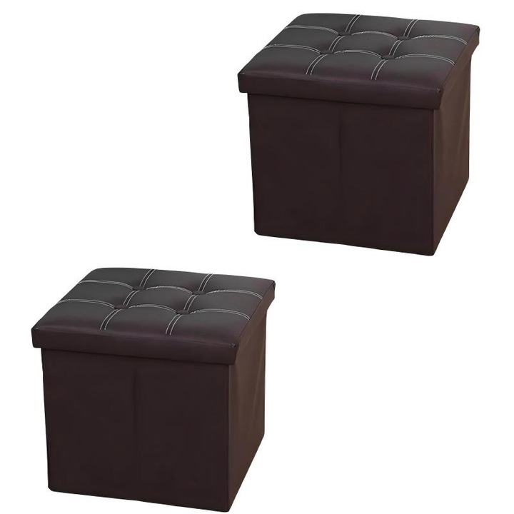 Set 2 tabureti de stocare pliabile din piele ecologica, 38x38x38cm, maro cafeniu, capacitate 55L