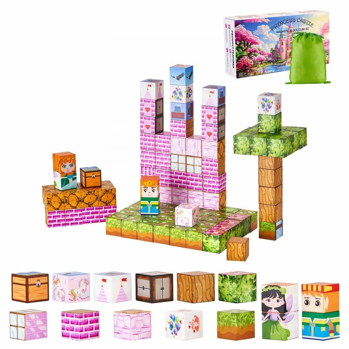 Blocuri Magnetice Castel Printesa, Set 100 Bucati, Jucarii Senzoriale, Metoda STEM, Invatare Montessori, Ideal Copii
