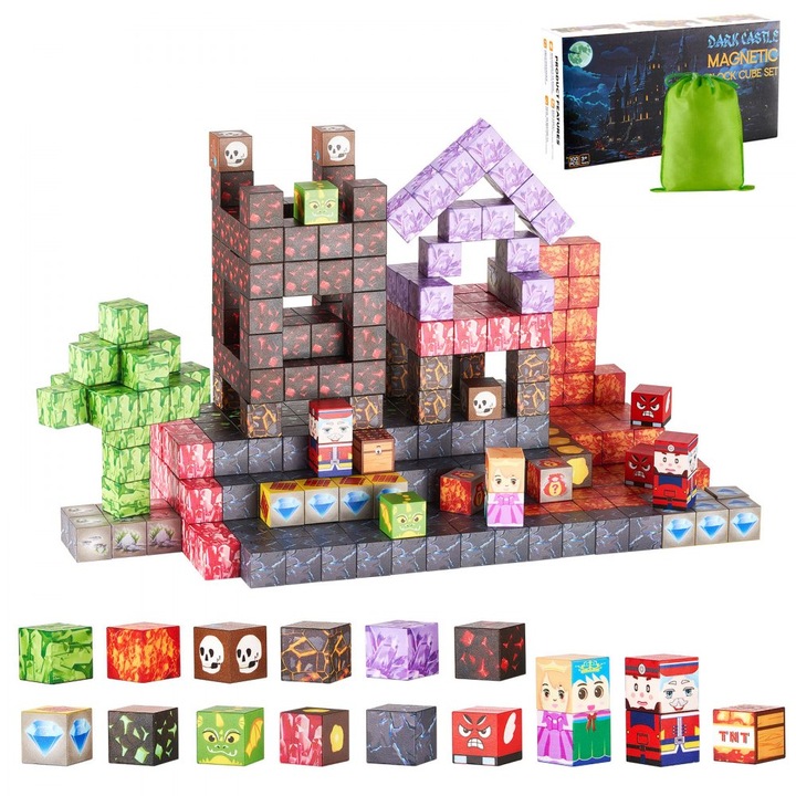 Blocuri Magnetice pentru Copii, Set 100 Bucati, Model Castel Intunecat, Jucarii Senzoriale, Educatie STEM, Montessori