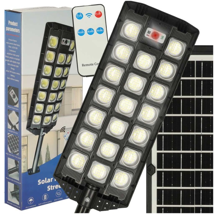 Lampa Solara Stradala Velixo®️, cu Panou Solar Incorporat, 520 LED COB, 20000 Lumeni, Telecomanda, cu Senzori de Amurg, Miscare si Lumina, Brat de Montare, Rezistenta la Apa IP65, 3 Moduri Functionare, Kit de Montaj Inclus, Negru