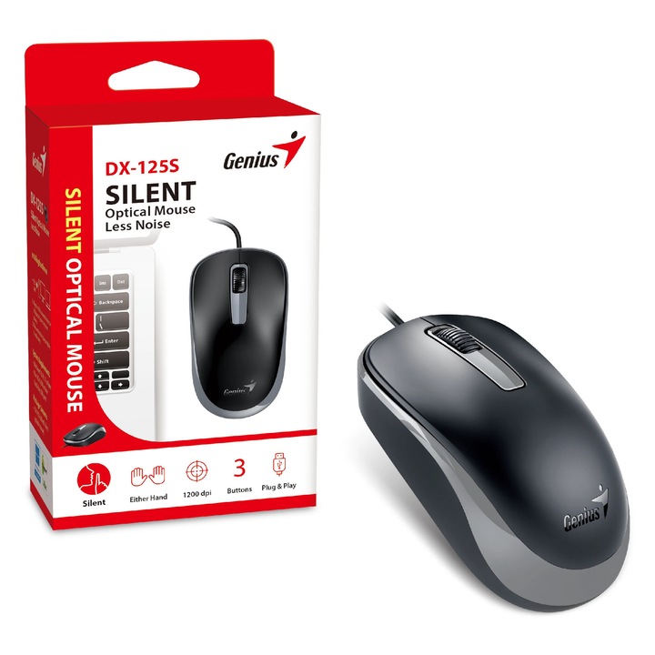 Mouse Genius silentios DX-125S Negru+Gri - SILENTIOS, USB
