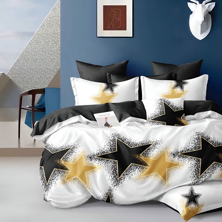 Hálószobai szett EmonaMall S18110, kétoldalas, 4 párnahuzat, 6 részes, fehér/fekete