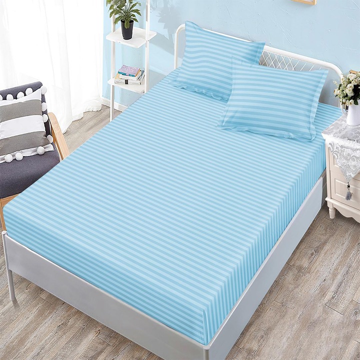 Долен чаршаф EmonaMall S18246, 3 части, Ластик, 2бр Калъфки, Светлосин