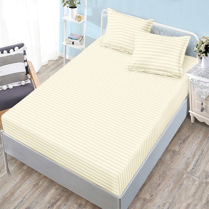 Cearșaf de pilotă EmonaMall S18233, 3 piese, Elastic, 2 fețe de pernă, Galben deschis