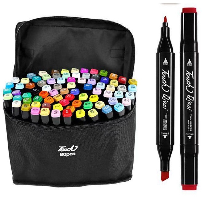 Set 80 markere duble DacEnergy©, cerneala pe baza de alcool, cu varf de 1 mm si 6 mm, cu geanta, nuante vibrante, intense, colorate