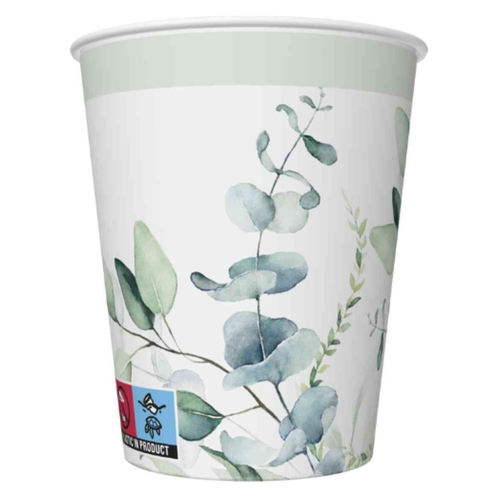 Set 8 pahare de hartie 250ml cu ramuri de eucalipt, Tamipol