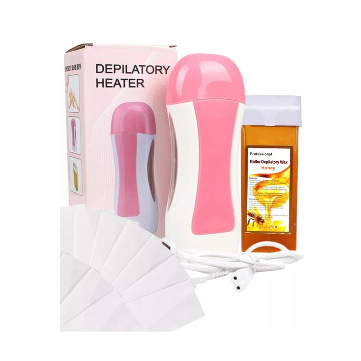 Set incalzitor rasina cu cartus de rasina de 100 g si 100 benzi de rasina - roz/alb