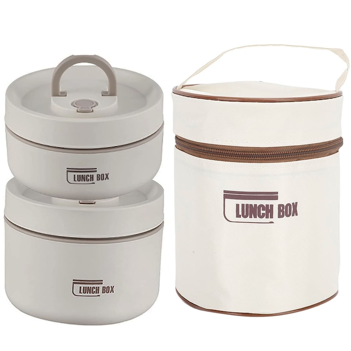 Комплект от 2 кутии за храна, ZGGZERG, 1040ml, Термос с капак-купа, С термо чанта за носене, Лесна за почистване, Ергономичен и неплъзгащ се дизайн, Преносима, Идеална за обяд или пътуване, Неръждаема стомана, 13.5*18см, Бяла