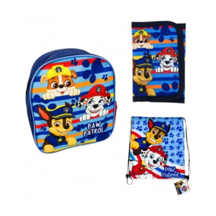 Set ghiozdan Paw Patrol, 26x22x10 cm, include sac sport si portofel, albastru