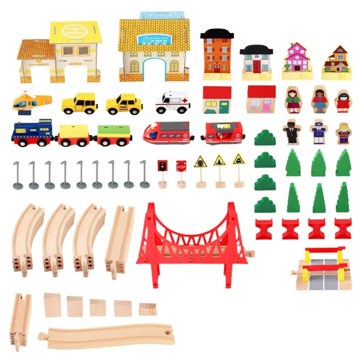 Set de trenulete din lemn, 108 buc, sine de cale ferata, vehicule, indicatoare, lemn natural, multicolor