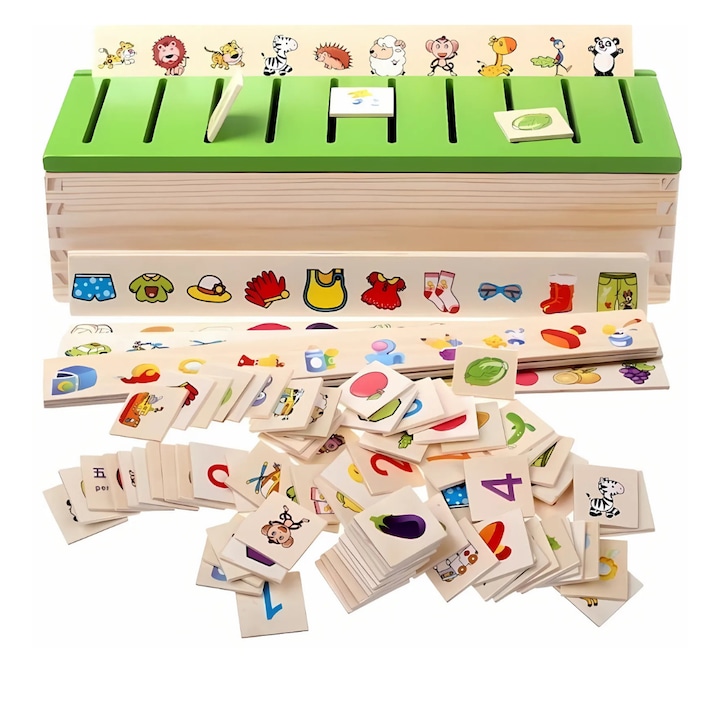 Дървена образователна играчка Macvi®, комплект с кутия и карти, за развиване на координацията око-ръка и математическа логика, 3+, 29,5×11×8 см