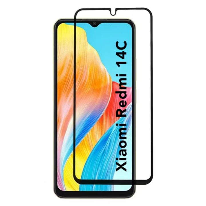 MatTech стъклено фолио, съвместимо с Xiaomi Redmi 14C 4G, залепване по цялата повърхност, 9H технология за защита, първокласна Full HD яснота, пълно лепене, черни ръбове
