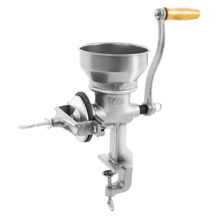 Rasnita manuala pentru cereale, Moara cu manivela, Fonta, Capacitate 0, 5 kg, Clema de masa pana la 4, 5 cm, Pentru cereale, cafea si nuci, Argintiu