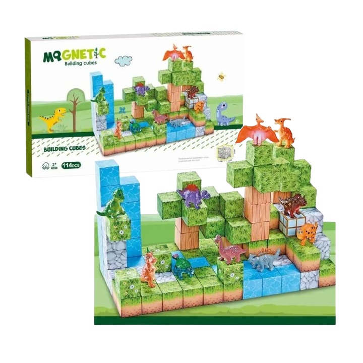 Cuburi Magnetice de Constructie 3D – Tip Minecraft, 114 Piese, + 3 ani