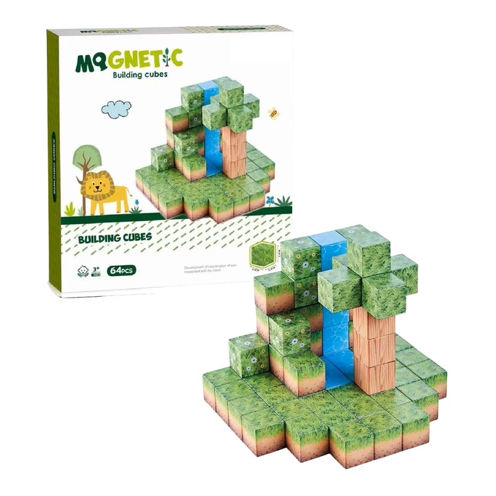 Cuburi Magnetice de Constructie 3D – Tip Minecraft, 64 Piese, + 3 ani