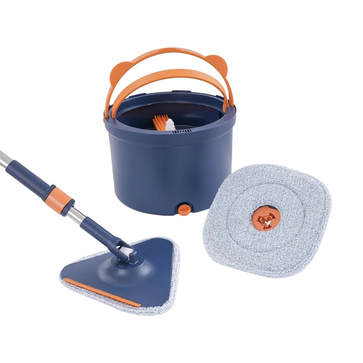 Set mop cu galeata, rotire 360°, lungime maner ajustabil, albastru inchis