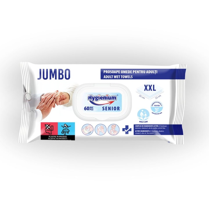 Hygienium prosoape umede pentru adulti SENIOR, JUMBO XXL 60 buc, densitate 55 gsm, dimensiune servetel 25 x 22 cm