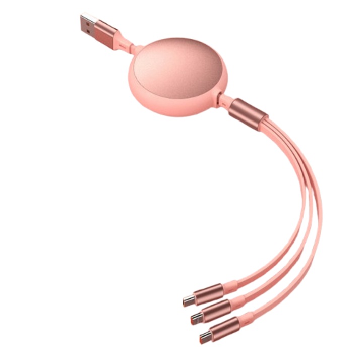 Cablu de Date 3 in 1, Rezistent la indoire si uzura, Flexibil, Portabil, ABS/Aliaj de aluminiu, USB-C, Lightning, USB, Micro-USB, 100W, 6A, 1.2m, roz