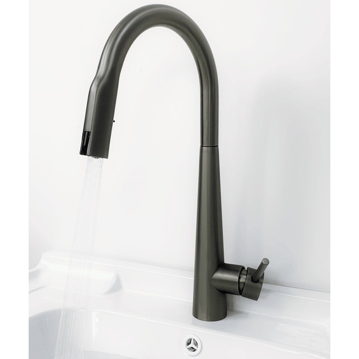 Baterie sanitara profesionala AB Luxury Concept®, senzor de pornire la atingere, dus extractibil si pipa rotativa 360°, 2 functii de curgere a apei, afisaj digital, montare pe blat sau chiuveta, otel, negru