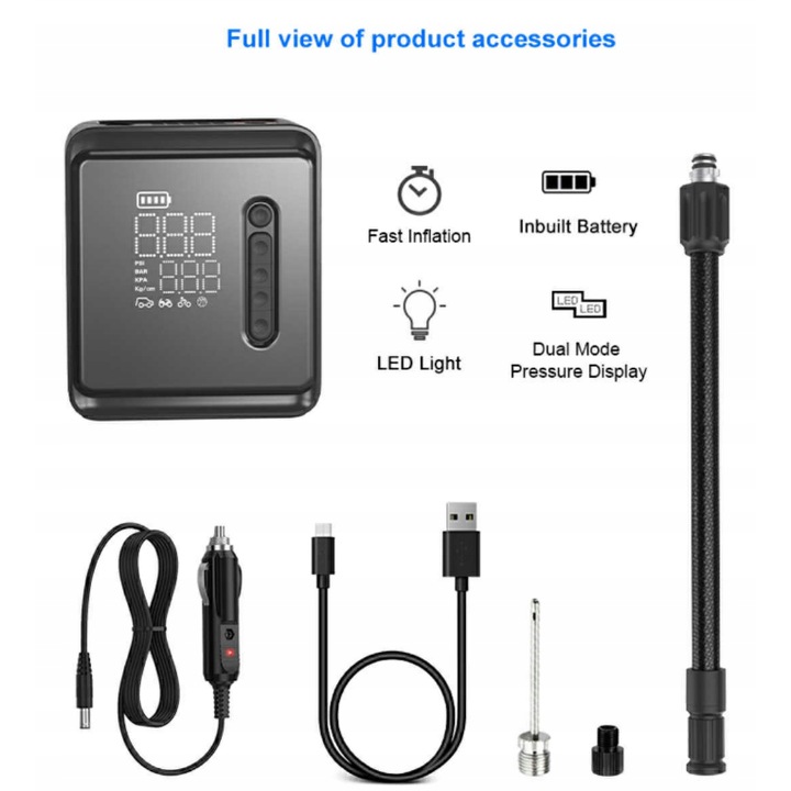 Elektromos pumpa 12 V LED NW05 – Hordozható kompresszor kerékpárhoz, autóhoz, matrachoz