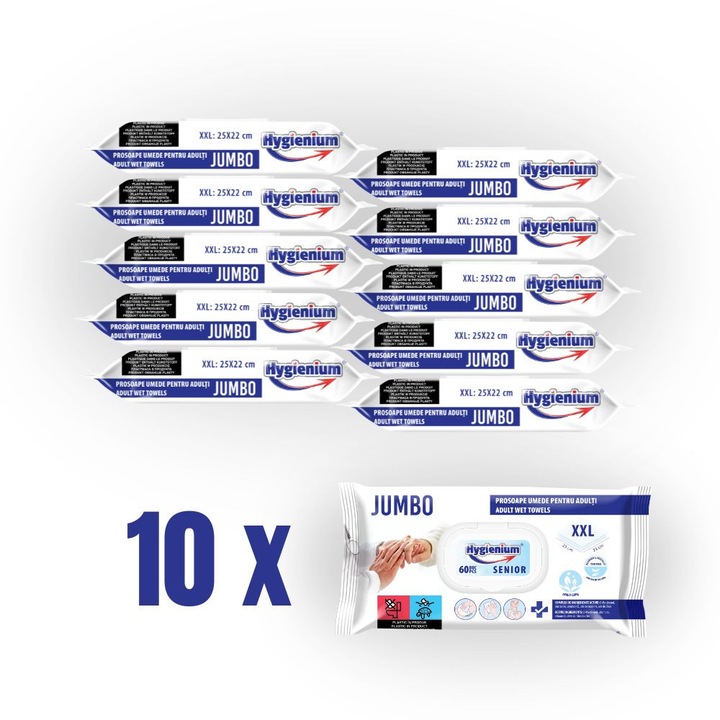 SET 10 x Hygienium prosoape umede pentru adulti SENIOR, JUMBO XXL 60 buc, densitate 55 gsm, dimensiune servetel 25 x 22 cm