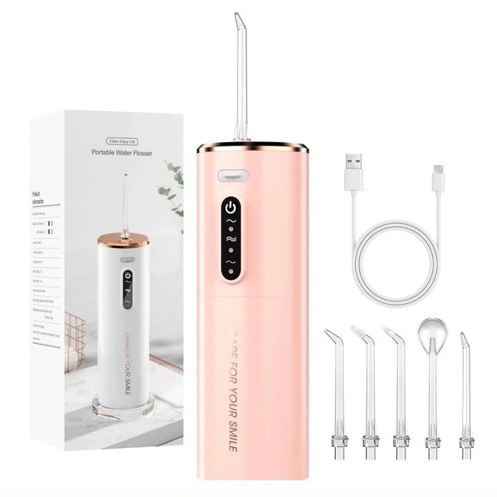 Elektromos szájzuhany, 5 fejjel, 3 üzemmód, rózsaszín, 19x6.5x6.5cm