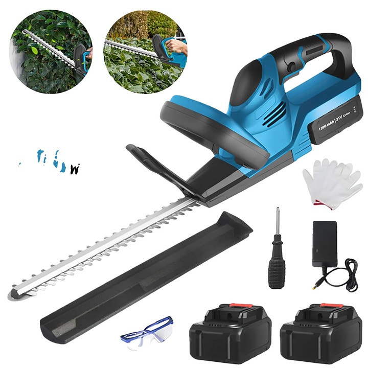 Trimmer electric pentru gard viu, motor fara perii, design ergonomic, cu 2 baterii, lungime lama 56cm