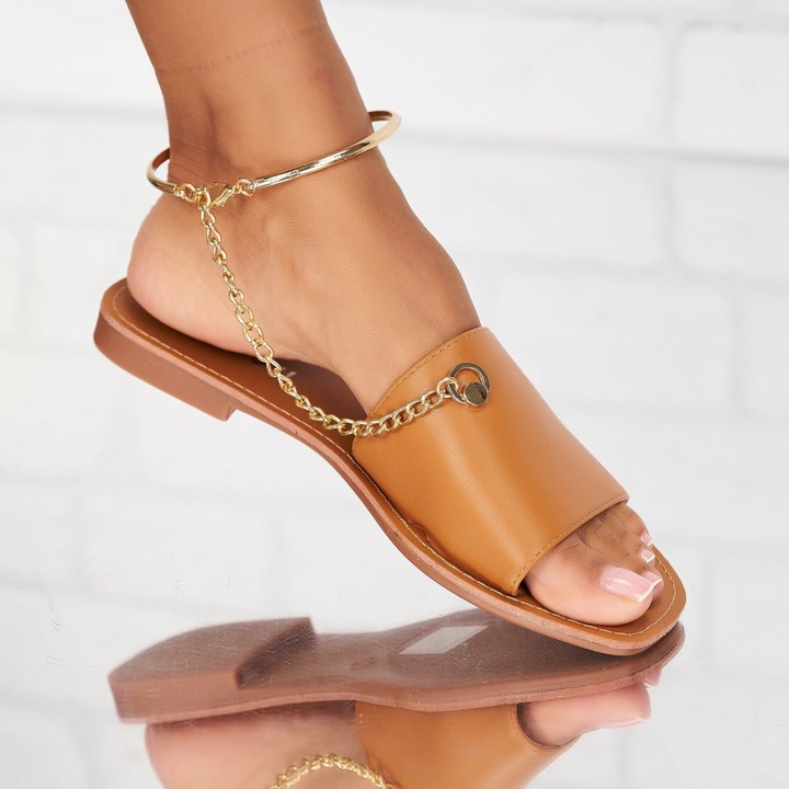 Sandale fara Toc din Piele Ecologica dama Camel Khloe, Maro camel