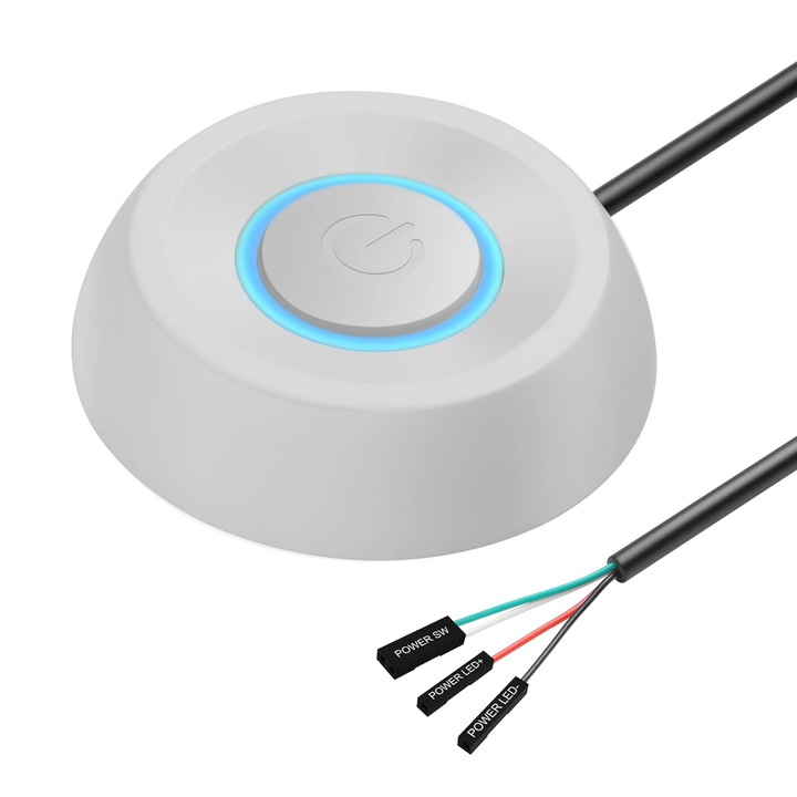 Comutator ON/OFF pentru PC, Omelivon, cablu 2m, cu LED, alb, diametru 6cm, set cu splitter