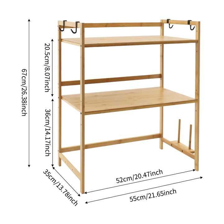 Mikrohullámú sütő polc, bambusz szerkezet, állítható magasság, 2 szint, fa színű